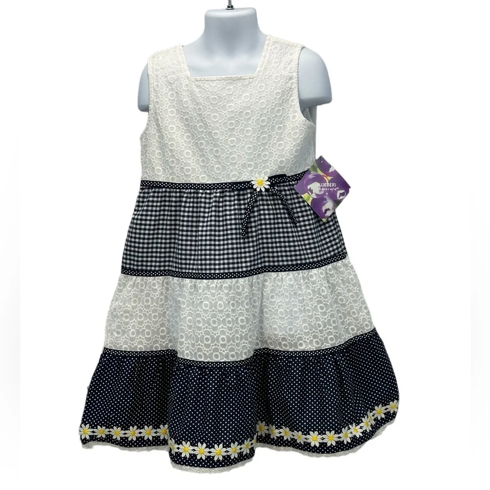 Blueberi Boulevard Sleeveless Plaid Sun Dress - Navy Blue White - size 6X